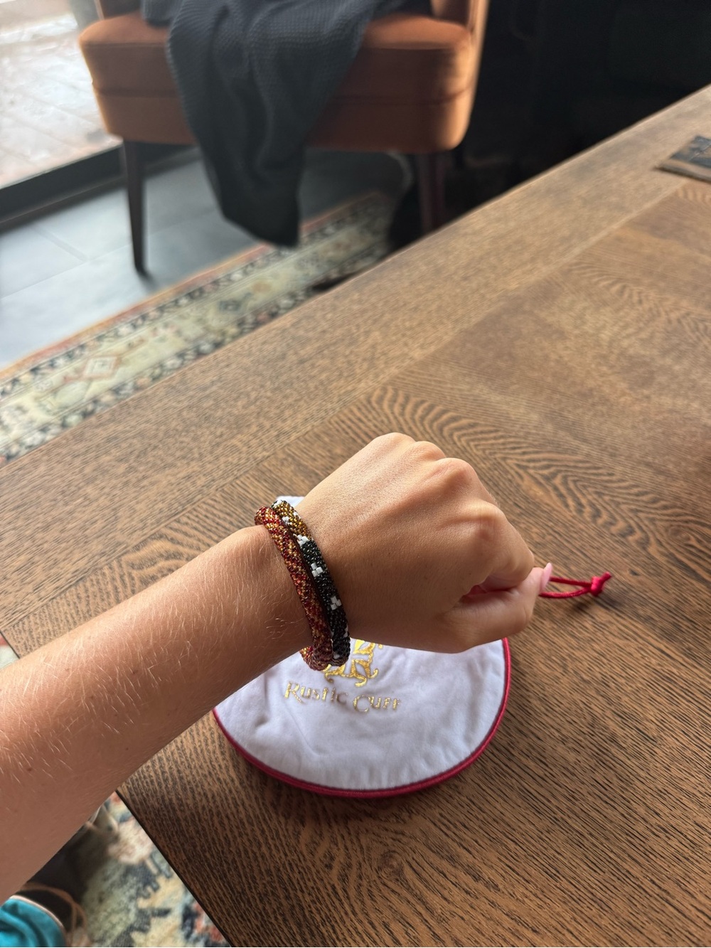 Rustic Cuff Set of two : Beaded Bracelet Duo in Black and Red/Orange